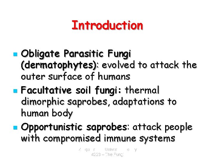 Introduction n Obligate Parasitic Fungi (dermatophytes): evolved to attack the outer surface of humans