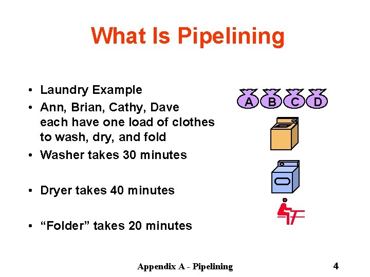 What Is Pipelining • Laundry Example • Ann, Brian, Cathy, Dave each have one