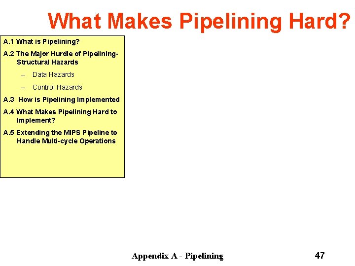 What Makes Pipelining Hard? A. 1 What is Pipelining? A. 2 The Major Hurdle