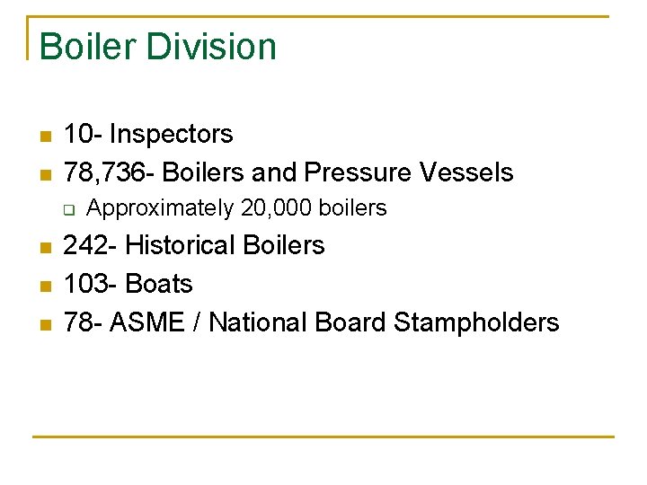 Boiler Division n n 10 - Inspectors 78, 736 - Boilers and Pressure Vessels