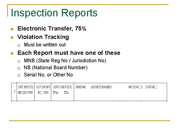 Inspection Reports n n Electronic Transfer, 75% Violation Tracking q n Must be written