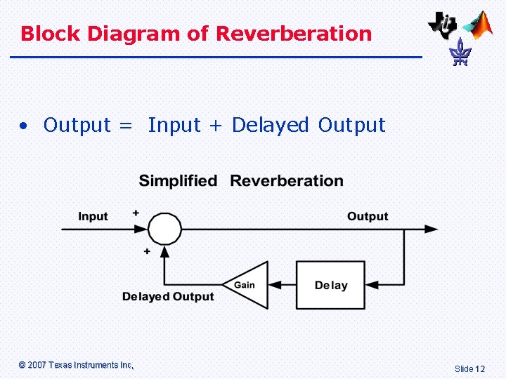 Block Diagram of Reverberation • Output = Input + Delayed Output © 2007 Texas