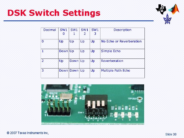 DSK Switch Settings © 2007 Texas Instruments Inc, Slide 30 