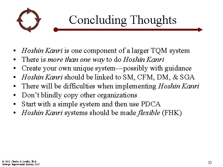 Concluding Thoughts • • Hoshin Kanri is one component of a larger TQM system