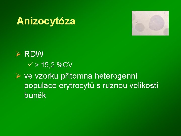 Anizocytóza Ø RDW ü > 15, 2 %CV Ø ve vzorku přítomna heterogenní populace