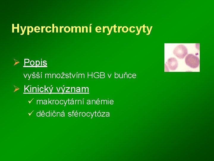 Hyperchromní erytrocyty Ø Popis vyšší množstvím HGB v buňce Ø Kinický význam ü makrocytární