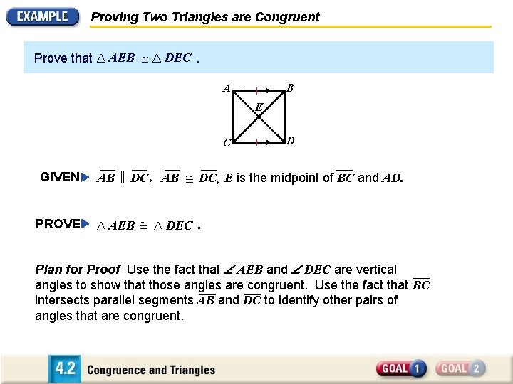 Proving Two Triangles are Congruent Prove that AEB DEC. A B E C GIVEN