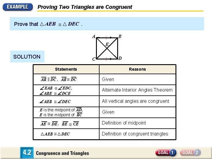 Proving Two Triangles are Congruent AEB Prove that DEC. A B E SOLUTION D