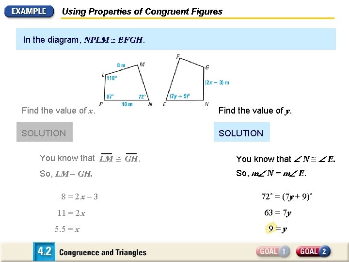Using Properties of Congruent Figures In the diagram, NPLM EFGH. Find the value of