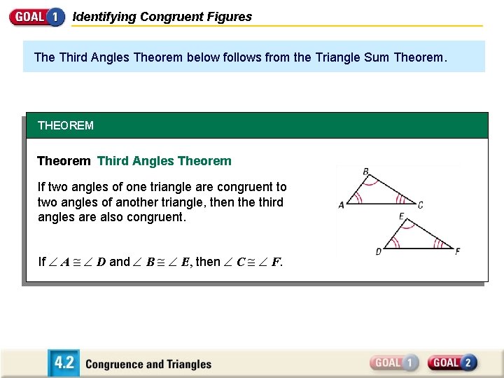 Identifying Congruent Figures The Third Angles Theorem below follows from the Triangle Sum Theorem.