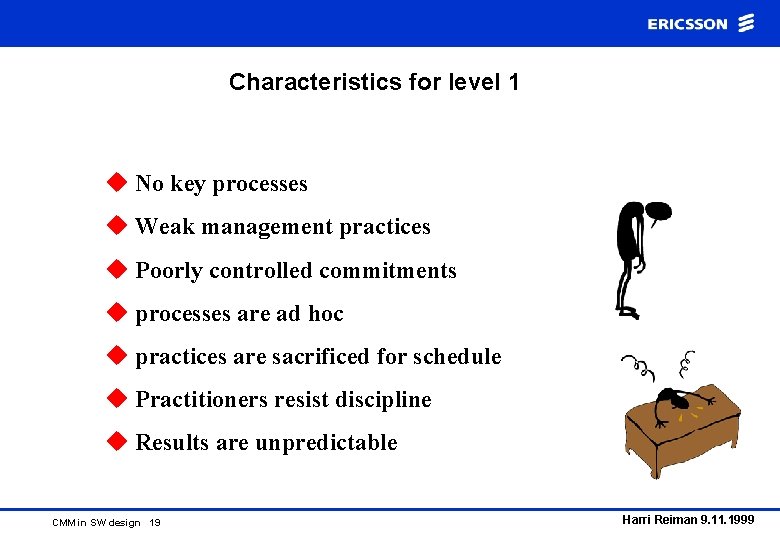 Characteristics for level 1 u No key processes u Weak management practices u Poorly