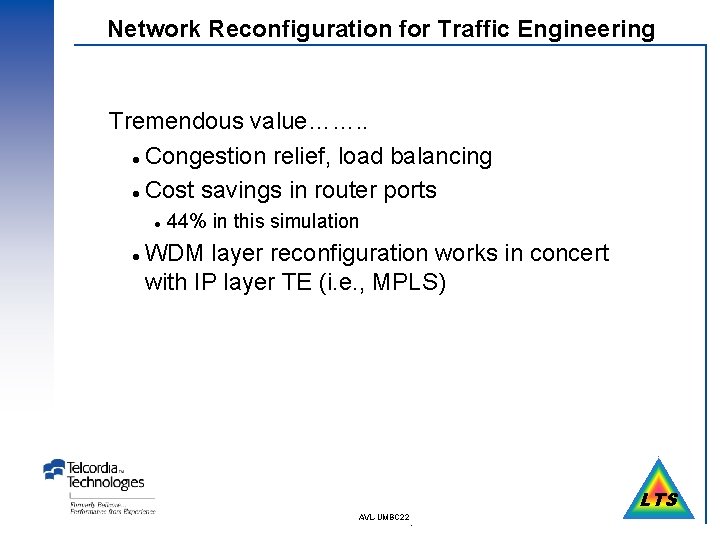Network Reconfiguration for Traffic Engineering Tremendous value……. . l Congestion relief, load balancing l