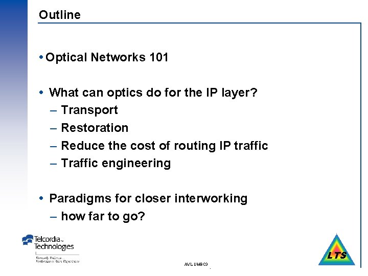 Outline Optical Networks 101 What can optics do for the IP layer? – Transport
