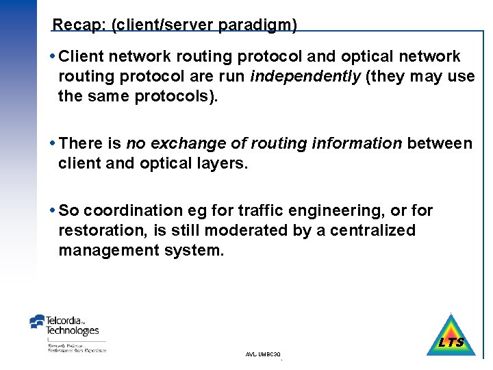 Recap: (client/server paradigm) Client network routing protocol and optical network routing protocol are run