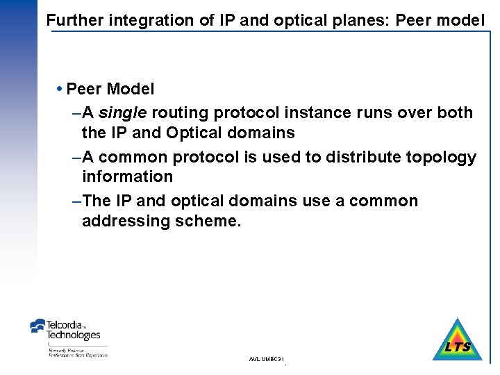 Further integration of IP and optical planes: Peer model Peer Model –A single routing