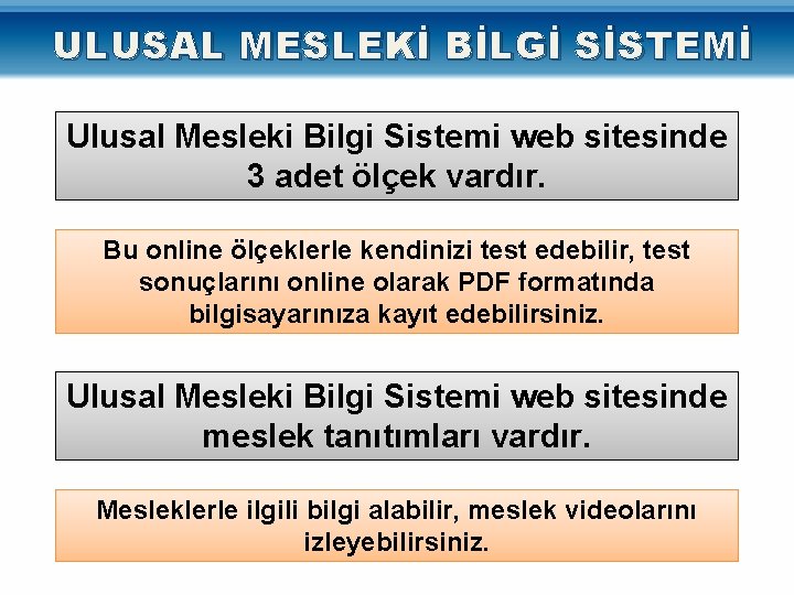 ULUSAL MESLEKİ BİLGİ SİSTEMİ Ulusal Mesleki Bilgi Sistemi web sitesinde 3 adet ölçek vardır.