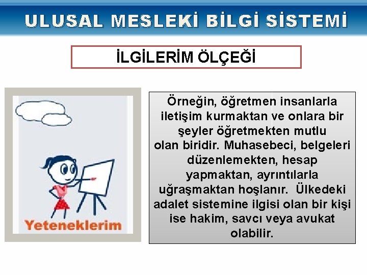 ULUSAL MESLEKİ BİLGİ SİSTEMİ İLGİLERİM ÖLÇEĞİ Örneğin, öğretmen insanlarla iletişim kurmaktan ve onlara bir