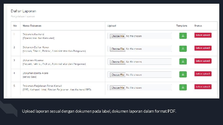 Upload laporan sesuai dengan dokumen pada label, dokumen laporan dalam format PDF. 