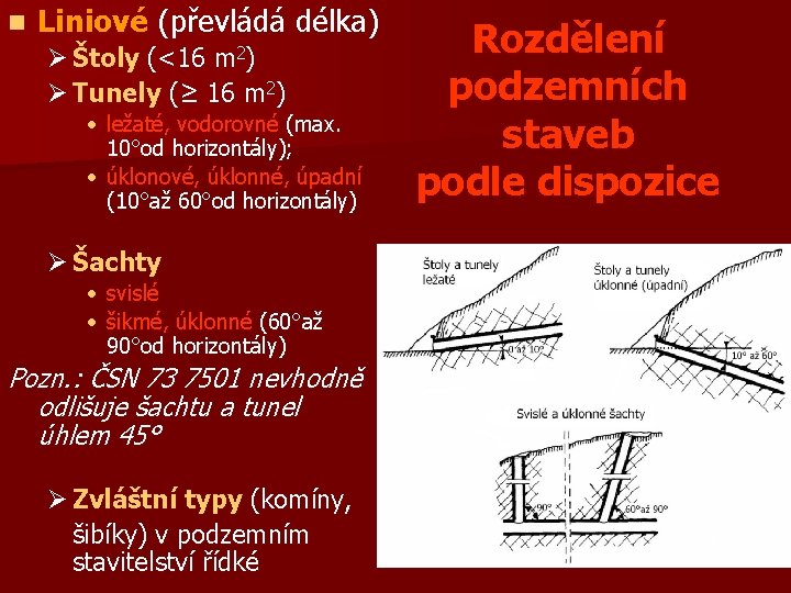 n Liniové (převládá délka) Ø Štoly (<16 m 2) Ø Tunely (≥ 16 m