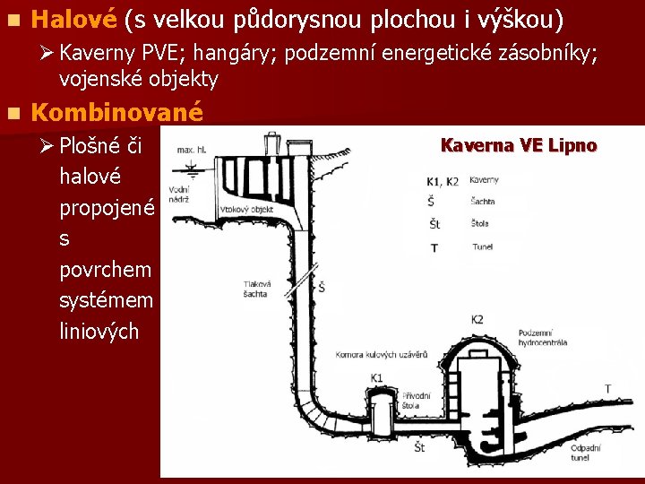 n Halové (s velkou půdorysnou plochou i výškou) Ø Kaverny PVE; hangáry; podzemní energetické