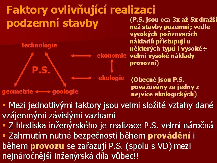 Faktory ovlivňující realizaci (P. S. jsou cca 3 x až 5 x dražší podzemní