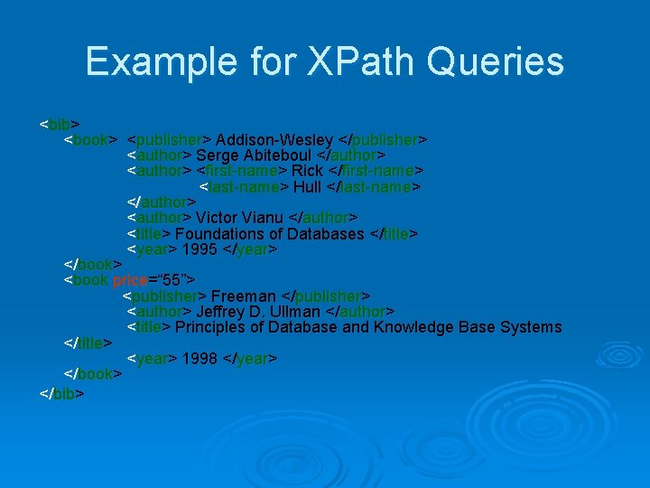 Example for XPath Queries <bib> <book> <publisher> Addison-Wesley </publisher> <author> Serge Abiteboul </author> <first-name>