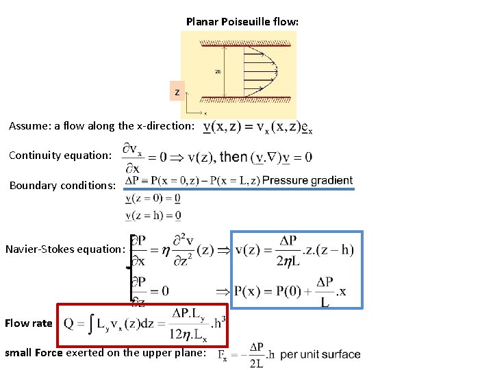 Planar Poiseuille flow: z Assume: a flow along the x‐direction: Continuity equation: Boundary conditions: