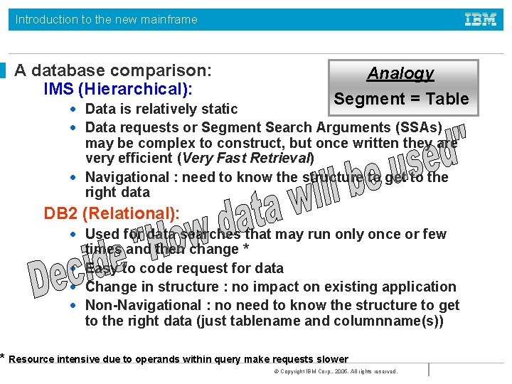 Introduction to the new mainframe A database comparison: IMS (Hierarchical): Analogy Segment = Table Introduction to the new mainframe A database comparison: IMS (Hierarchical): Analogy Segment = Table