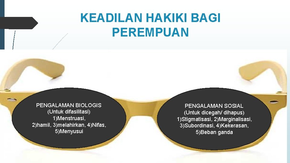 KEADILAN HAKIKI BAGI PEREMPUAN PENGALAMAN BIOLOGIS (Untuk difasilitasi) 1)Menstruasi, 2)hamil, 3)melahirkan, 4)Nifas, 5)Menyusui PENGALAMAN