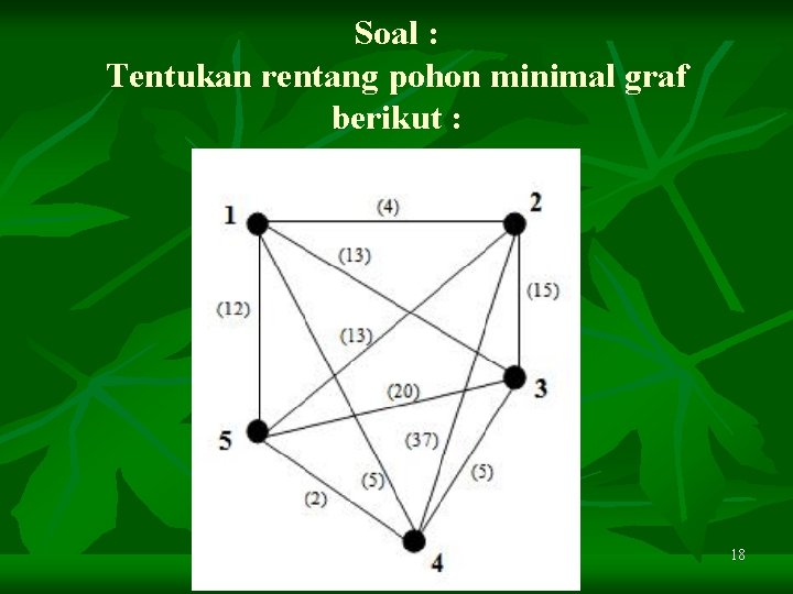Soal : Tentukan rentang pohon minimal graf berikut : waniwatining 18 