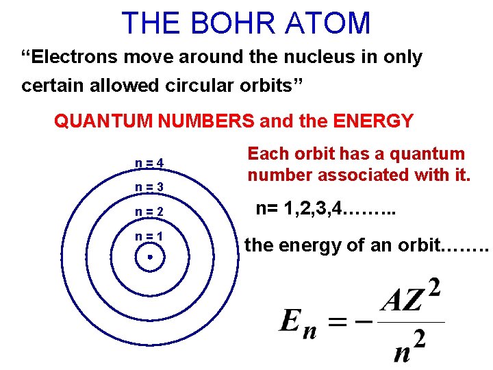 THE BOHR ATOM “Electrons move around the nucleus in only certain allowed circular orbits”