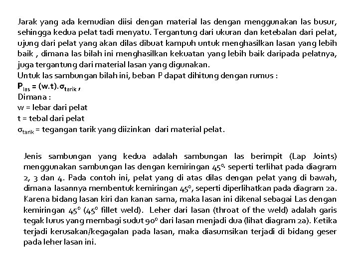 Jarak yang ada kemudian diisi dengan material las dengan menggunakan las busur, sehingga kedua