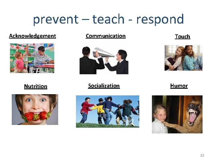 prevent – teach - respond Acknowledgement Nutrition Communication Socialization Touch Humor 22 