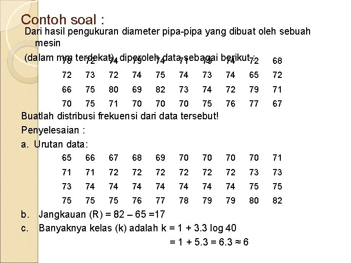 Contoh soal : Dari hasil pengukuran diameter pipa-pipa yang dibuat oleh sebuah mesin (dalam