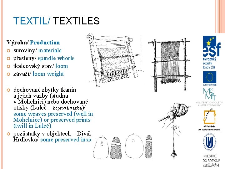 TEXTIL/ TEXTILES Výroba/ Production suroviny/ materials přesleny/ spindle whorls tkalcovský stav/ loom závaží/ loom