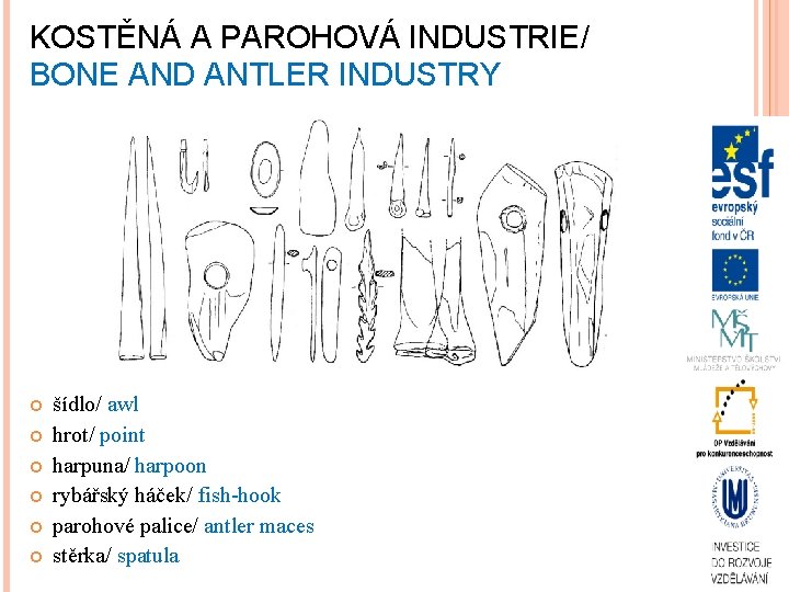 KOSTĚNÁ A PAROHOVÁ INDUSTRIE/ BONE AND ANTLER INDUSTRY šídlo/ awl hrot/ point harpuna/ harpoon