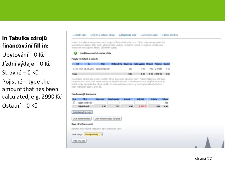 In Tabulka zdrojů financování fill in: Ubytování – 0 Kč Jízdní výdaje – 0