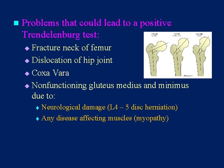 n Problems that could lead to a positive Trendelenburg test: Fracture neck of femur