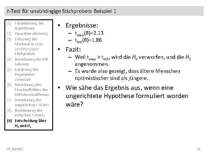 t-Test für unabhängige Stichproben: Beispiel 1 (1) Formulierung der Hypothesen (2) Operationalisierung (3) Erfassung