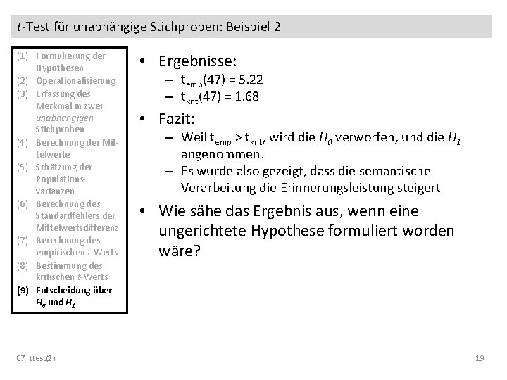 t-Test für unabhängige Stichproben: Beispiel 2 (1) Formulierung der Hypothesen (2) Operationalisierung (3) Erfassung