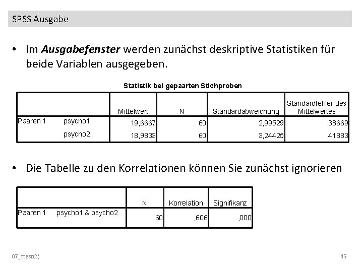 SPSS Ausgabe • Im Ausgabefenster werden zunächst deskriptive Statistiken für beide Variablen ausgegeben. Statistik