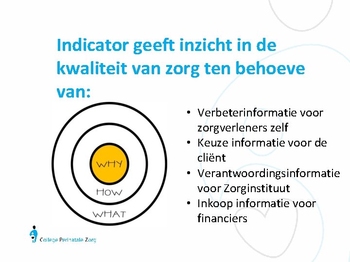 Indicator geeft inzicht in de kwaliteit van zorg ten behoeve van: • Verbeterinformatie voor