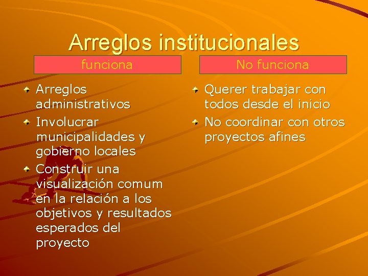 Arreglos institucionales funciona No funciona Arreglos administrativos Involucrar municipalidades y gobierno locales Construir una