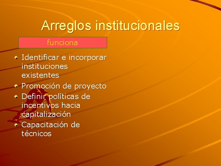 Arreglos institucionales funciona Identificar e incorporar instituciones existentes Promoción de proyecto Definir políticas de