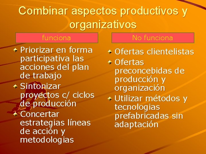 Combinar aspectos productivos y organizativos funciona No funciona Priorizar en forma participativa las acciones