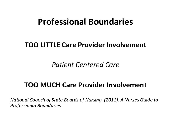 Professional Boundaries TOO LITTLE Care Provider Involvement Patient Centered Care TOO MUCH Care Provider