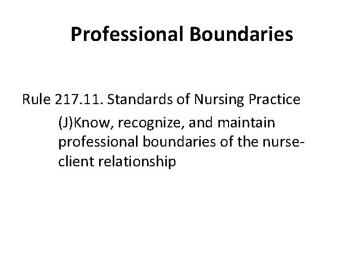 Professional Boundaries Rule 217. 11. Standards of Nursing Practice (J)Know, recognize, and maintain professional