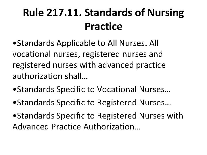 Rule 217. 11. Standards of Nursing Practice • Standards Applicable to All Nurses. All