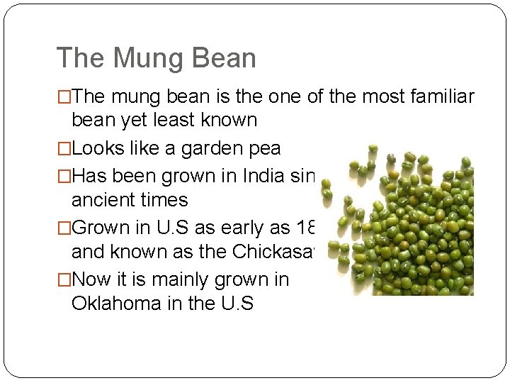 The Mung Bean �The mung bean is the one of the most familiar bean