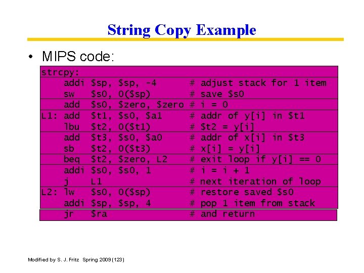 String Copy Example • MIPS code: strcpy: addi sw add L 1: add lbu